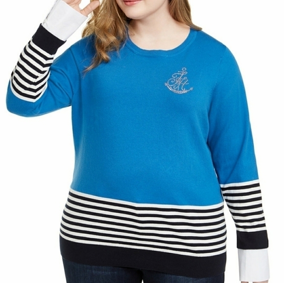 Tommy Hilfiger plus size 1X Harbor Island  blue sweater top rhinestones - Picture 1 of 9